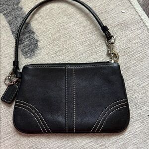 Coach Black Leather Wristlet with Contrast Stitching